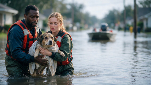 poster with volunteers during an animal rescue after a flood. Volunteer rescuers carefully carry a frightened, wet dog wrapped in a towel, copy space for text about caring for pets