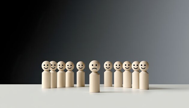 One sad figure stands out from a happy crowd of wooden pegs