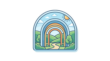 Fototapeta premium Rainbow arches over a serene green landscape featuring rolling hills and a winding path under the sun.