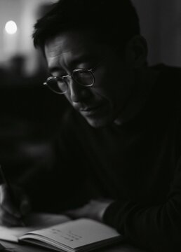 Black and white photograph of a man sitting at a table and writing in a notebook. he is wearing glasses and appears to be focused on his work.