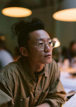 Close-up portrait of a young asian man sitting at a table in a restaurant or cafe. he is wearing a khaki-colored shirt and has a pair of glasses on.