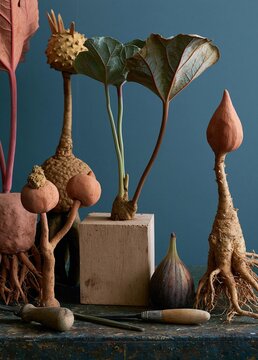 Collection of different types of plants and tools on a blue surface. there are six plants in total, arranged in a row.