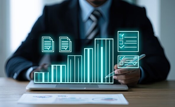 Businessman interacting with glowing digital charts and documents on a laptop