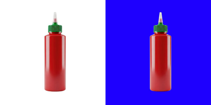 Red plastic squeeze bottle for ketchup or condiment with a green cap used for fast food and cooking in restaurants and home
