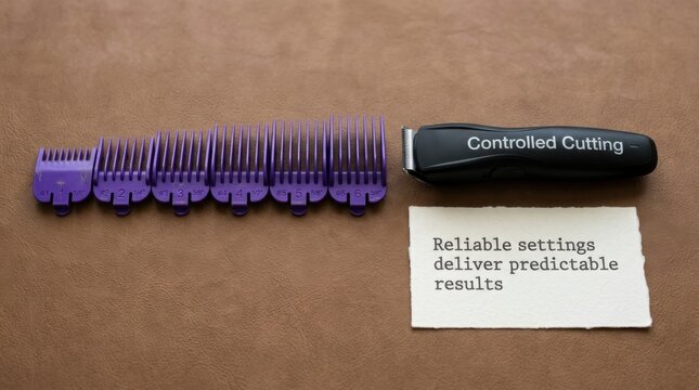 Professional hair clipper tool kit with purple plastic guards numbered 1 to 6 arranged in a row beside a note about reliable settings and predictable results on brown leather textured surface area now