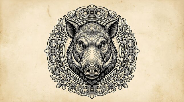 Vintage Engraved Wild Boar Head in Ornate Baroque Circular Frame on Textured Parchment Background