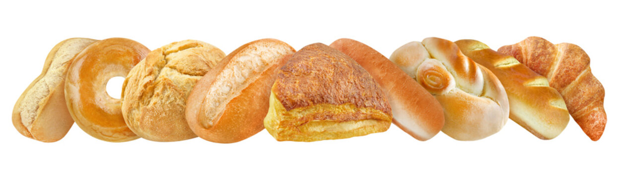 Various bakeware bread rolls isolated on white background