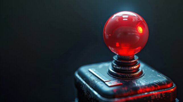 Joystick controller with a glowing red ball top rests in a dark studio setting, highlighting retro gaming nostalgia and the tactile excitement of classic arcade entertainment systems in modern play.