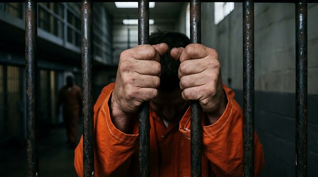 Desperate Inmate in Orange Jumpsuit Gripping Steel Bars Inside a Dark Prison Cell or Penitentiary