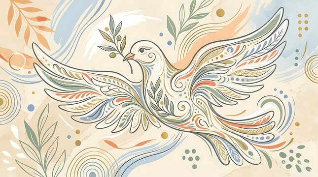 Intricate Peace Dove Illustration Carrying an Olive Branch with Ornate Swirls and Pastel Watercolor