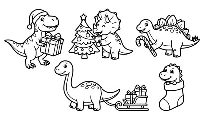 Cute Christmas Dinosaur Coloring Book Santa Characters Vector Set