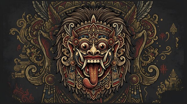 Hand Drawn Mythological Indonesian Barong Mask Portrait with Tribal Ornaments on Dark Background