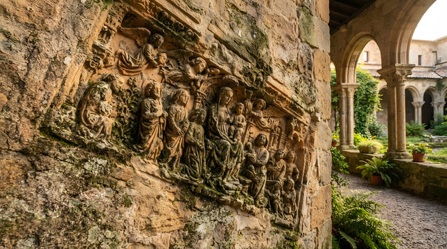 Ancient Stone Carvings in Historic Cloister Courtyard.