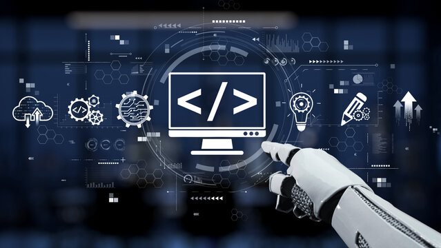 A robotic hand points at a computer screen filled with coding symbols and technology icons, highlighting the intersection of artificial intelligence and digital innovation. Synapse