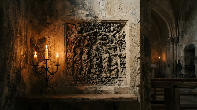 Ancient Stone Carving in Dimly Lit Church Interior.