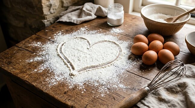 Heart Shape Drawn in White Flour on a Rustic Wooden Table with Baking Ingredients and Fresh Eggs