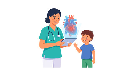 Fototapeta premium Friendly female pediatrician showing 3D heart hologram to a young boy for medical education flat vector element.