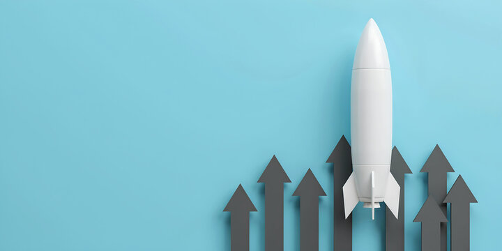 White rocket ship model launching upward next to growth arrows on light blue background with business innovation development strategy achievement leadership progress ambition performance