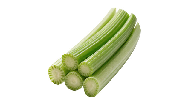 Group of fresh green celery stalks raw vegetable sticks isolated on transparent background
