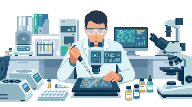 Professional scientist injecting chemical sample into microfluidic chip in high-tech laboratory flat vector illustration