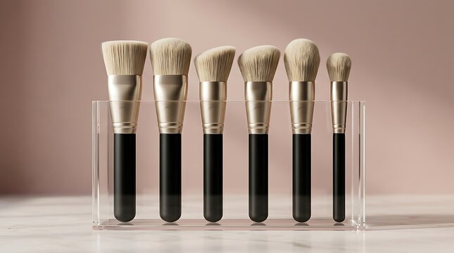 Set of professional makeup brushes with soft bristles arranged in a row on a modern display stand. foundation brush pack