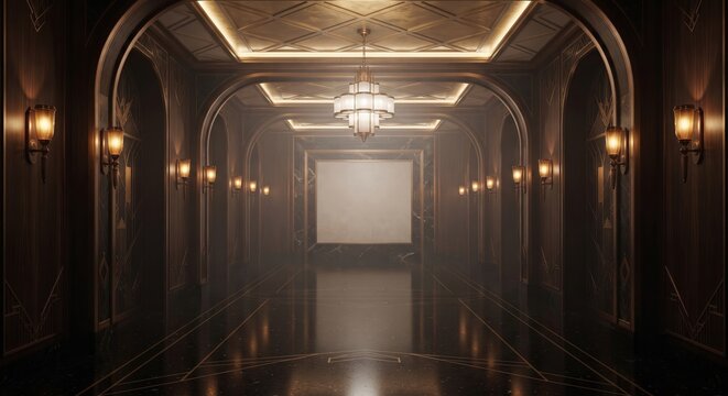 Grand Art Deco Hallway with Arches, Chandelier, and Polished Floor
