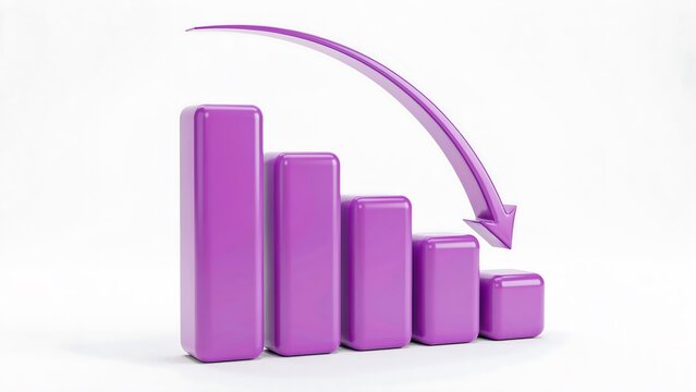 Purple bar chart with downward arrow representing declining sales, revenue, and business performance