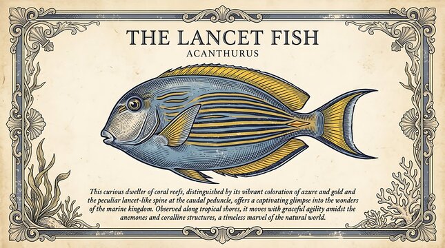 Vintage scientific illustration of a lancet fish acanthurus in a decorative frame on aged paper.