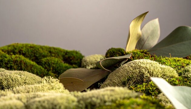 Sophisticated botanical composition with velvety moss textures, muted olive tones, and subtle organic granulation for a premium natural look, minimalist, leafy, 3
