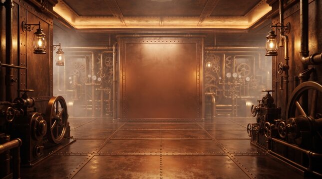 Atmospheric Steampunk Interior with Copper Pipes, Gears, and Blank Panel