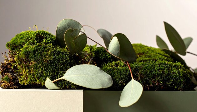Sophisticated botanical composition with velvety moss textures, muted olive tones, and subtle organic granulation for a premium natural look, minimalist, leafy, vegetation4