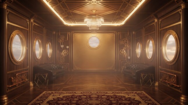Luxurious Steampunk Airship Lounge with Porthole Windows and Leather Sofas