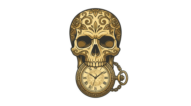 Golden ornate skull with integrated antique pocket watch.