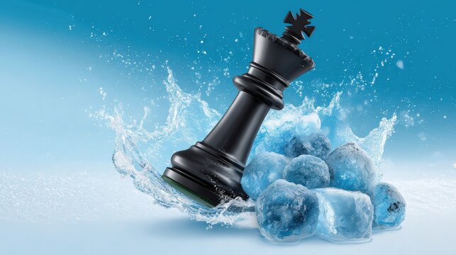 Black king chess piece splashing in water with ice cubes on blue background