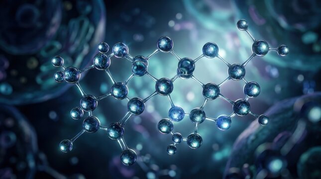 Detailed three dimensional molecular structure model floats in a microscopic blue biological environment representing medical research and scientific discovery for healthcare biotechnology innovation.
