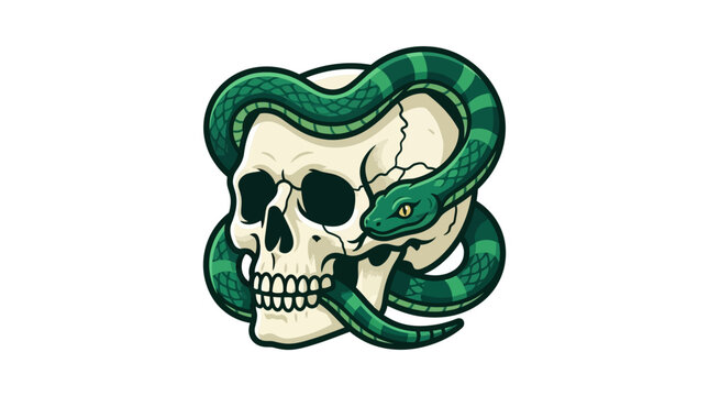 Human skull entwined with green snake illustration.
