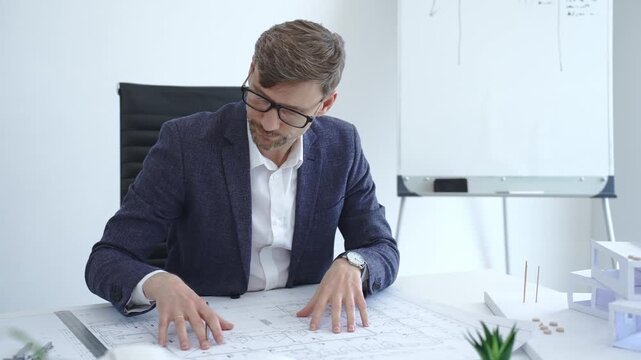 Architect in glasses working on blueprints and architectural model, planning a new building project, designing innovative construction solutions in a modern office