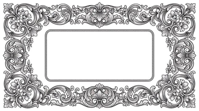 Vintage Ornate Floral Frame with Baroque Scrolls and Engraving Style Border for Decorative Design