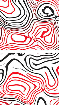 Abstract topographic map pattern in red and black lines on a white background, digital rendering with pixelation effect