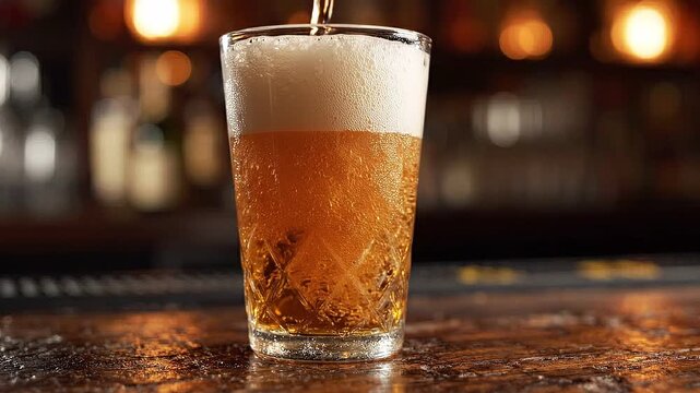 Pouring golden beer into a clear glass, creating frothy bubbles and condensation on the surface, set against a blurred bar background with warm lighting