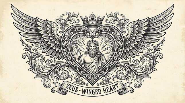 Vintage Engraving of Zeus God Inside a Heart with Wings, Ornate Baroque Scrolls and Heraldic Crown
