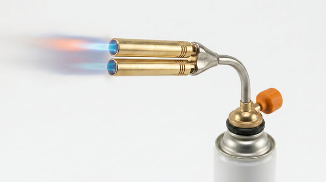 Professional double nozzle portable gas blowtorch emitting blue flames for soldering and heating on white background