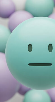 Close-up of a teal oval shape with a neutral expression on a soft pastel background, symbolizing emotions and abstract art