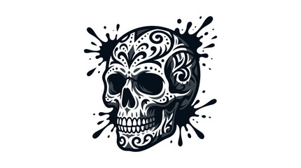 Fototapeta premium Patterned sugar skull with black ink splash background.