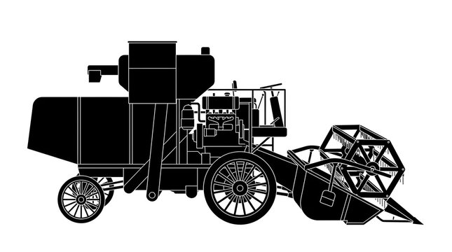 Black silhouette illustration of a vintage combine harvester. Great for agricultural concepts, retro farming designs, and rural themes
