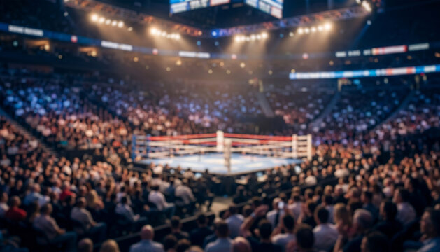 Fully blurred boxing arena with dense spectators, soft ring ropes and atmospheric lighting creating a dramatic combat sports background for advertising, tournament promotion and event marketing.