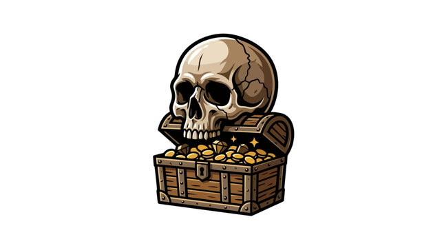 Pirate skull on treasure chest with gold.