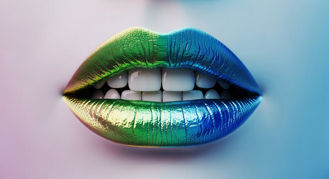 Close-up of open lips with metallic green and blue lipstick, revealing white teeth, symbolizing glamour, beauty, and bold expression.