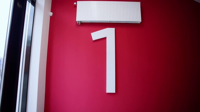 Tall glass door panel opens view towards outdoor pavement area. Contemporary heating radiator mounted high above bold number element