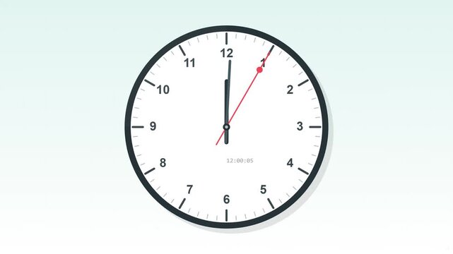 Analog clock face with moving second hand on clean background